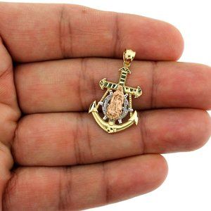 Real 10K Yellow Gold Virgin Mary Anchor Cross Pendant